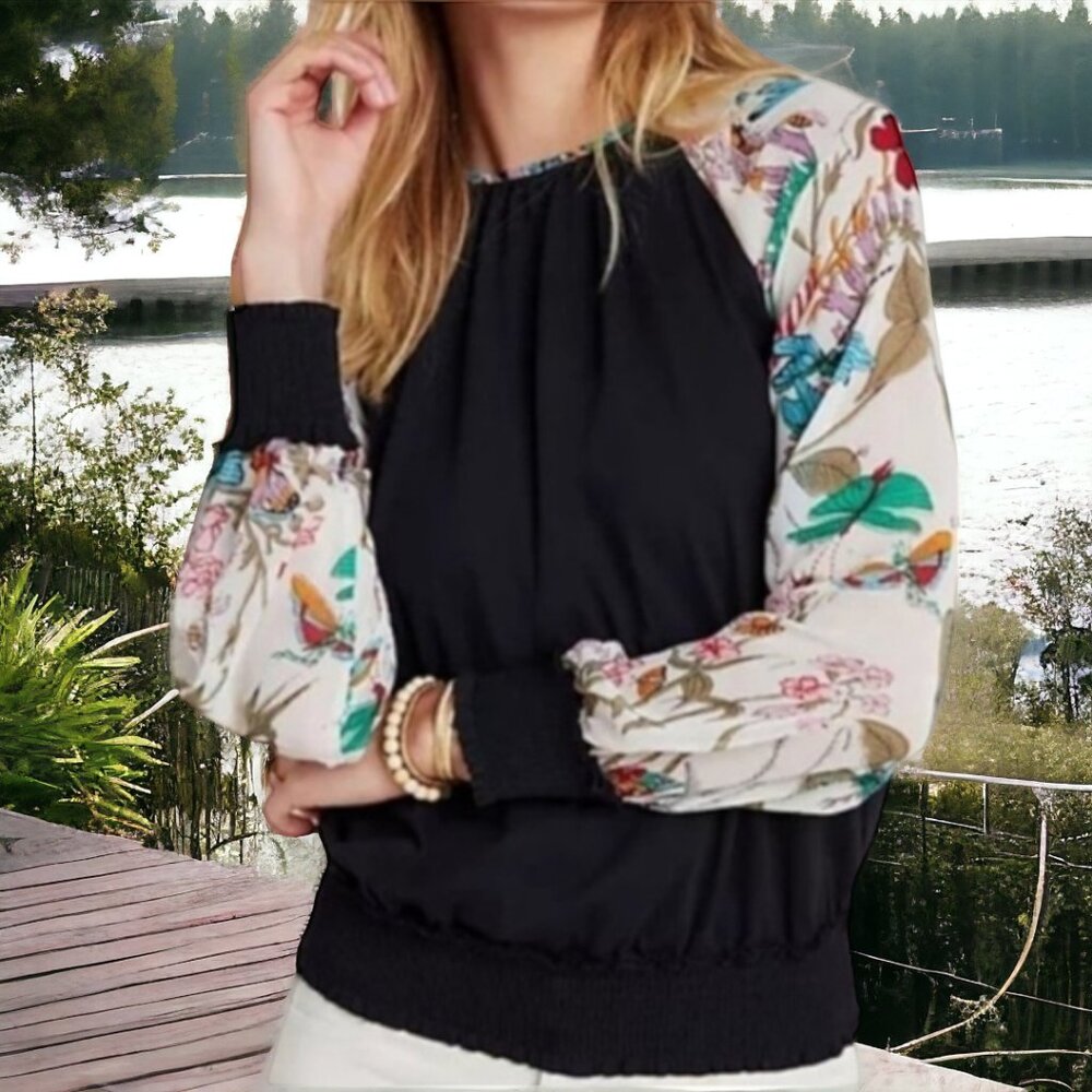 TINY (XS) By ANTHROPOLOGIE Black Center and Cuffs Butterfly Sleeves 100% Cotton